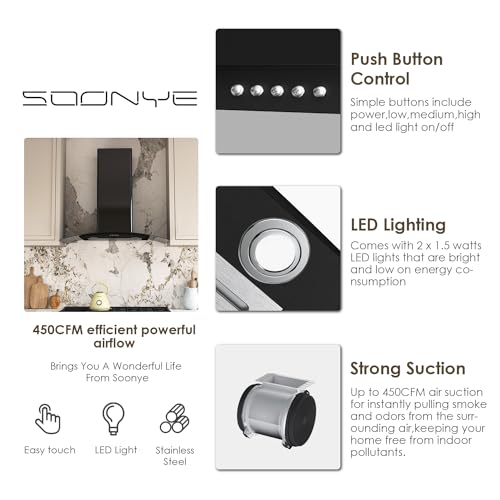 Soonye 30 Inch Black Range Hood Wall Mounted Curved Glass Range Hoods With 450 Cfm thumb #2