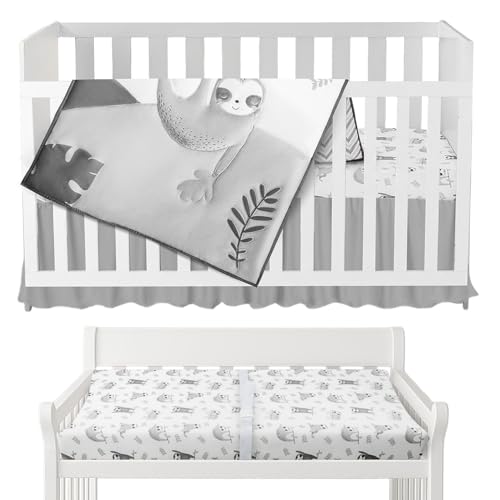 Image of MY LITTLE ZONE Neutral Baby Crib Bedding Set Boy 28"x52", 8" Deep Pocket - 5 pcs Baby Bedding Set with Comforter, 2 Crib Sets for Boys Cotton Fitted Sheets, Skirt, Changing Pad Cover - White & Gray