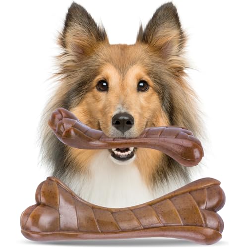 Xcheerful Dog Toys, Indestructible Dog Chew Toys for Aggressive Chewers, Durable Tough Interactive Nylon Real Beef Flavor Outdoor Anxiety Relief Extreme Teething Bone Chew Toys for Large Medium Dogs