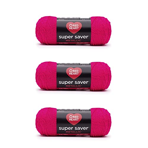 Red Heart Super Saver Metallic Fuchsia Yarn - 3 Pack of 5oz/142g - Acrylic - 4 Medium (Worsted) - 255 Yards - Knitting/Crochet