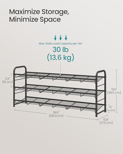 Image of SONGMICS Stackable Shoe Rack, 3 Tier Metal Shoes Rack Storage Shelf, Holds up to 15 Pairs, Adjustable Slanted Shelves Tower Organizer for Closet Entryway Small Spaces, Black ULMR106BD01