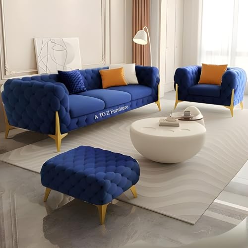 Image of A to Z Furniture Modern Classic Fabric & Valvet Tufted Chesterfield Sofa Living Room and Office (3+1= 4 Seater Sofa Set with Footrest Blue)