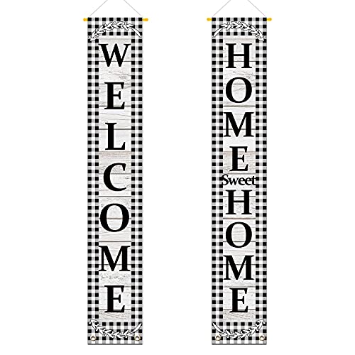 Welcome Home Sweet Home Porch Sign Black White Buffalo Plaid Check Hanging Door Banner Farmhouse Outdoor Holiday Decoration