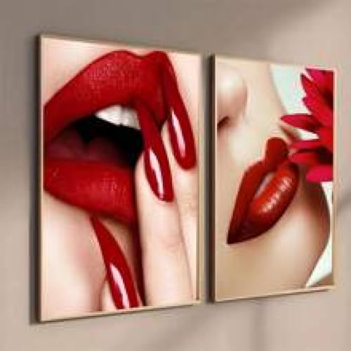 Affiche de fille moderne aux lèvres rouges art sur toile 80x120cm lot de 2 cadres décoration