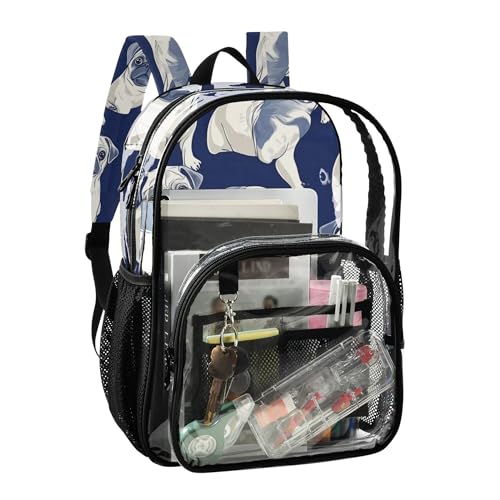 Puppy White Pugs Clear Backpack PVC Transparent Backpack Lightweight Book Bags Capacity Clear Bag for Boys Girls2