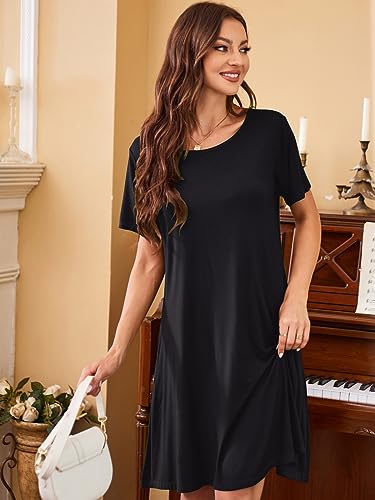 Image of Women's Summer Dresses 2026 Casual T Shirt Dress Short Sleeve Loose Flowy Sundress Swing Tunic Dress with Pockets Black