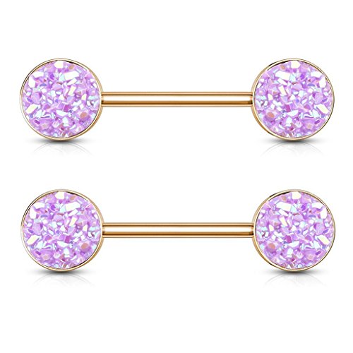 Pierced Owl Druzy Stone Rose Gold Plated 316L Stainless Steel Barbell Nipple Rings, Sold As A Pair (Light Purple) #TOP15