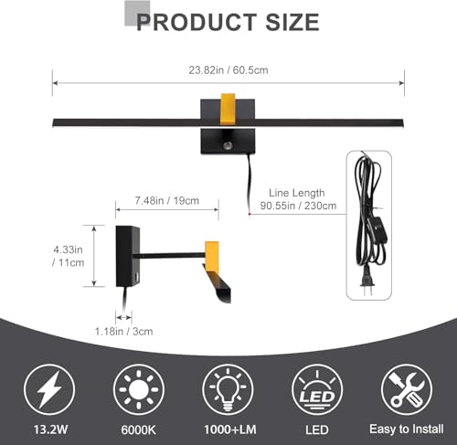 Image of Plug in Picture Light 24 inch Bathroom Vanity Light Touch Dimming 3CCT Bathroom Light Fixtures 270+170 Rotation IP44 Wall Sconce for Cabinet Living Room Hallway (Black /Brass)