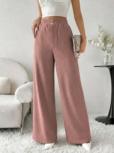 Image of SMOWKLY Authentics Women's Trendy Casual Corduroy Stretchable Baggy Loose Korean Trouser with Pockets || High Rise Elastic Waist Going Out Lounge Pants || Wide Leg Summer Pants for Woman
