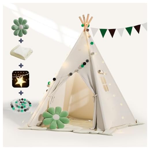 BlueWood Tipi Enfant avec lumière Tapis & fixateur, Tente d'intérieur pour Enfants, Tente de Jeu avec Drapeaux colorés, Coussin à Fleurs, Tapis antidérapant et Sac de Rangement, crème