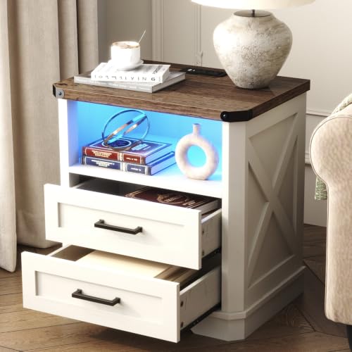 Image of Yusong 23.62 inch Tall Night Stand, LED Nightstand with Charging Station, Modern Night Stand, Wood Sofa Couch End Side Table with 2 Pull-Out Shelf, White