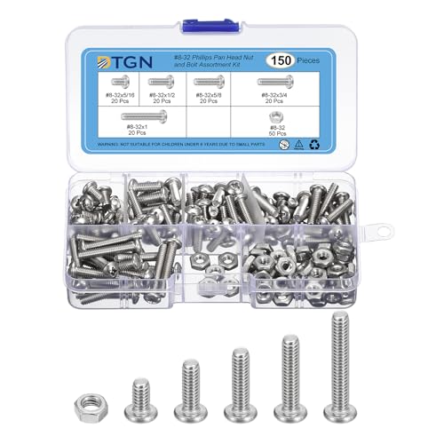 DTGN 150Pcs Machine Screws Assortment Kit, #8-32 Phillips Pan Head Nut and Bolt Assortment Kit, 304 Stainless Steel
