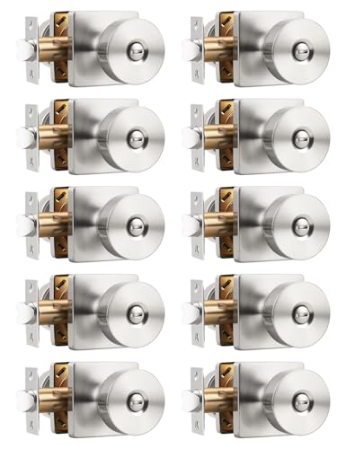 Tinewa 10 Pack Interior Privacy Door Knob with Lock, Brushed Nickel Keyless Door Handle for Bathroom and Bedroom, Zinc Alloy Heavy Duty Door Knobs on Square Rose