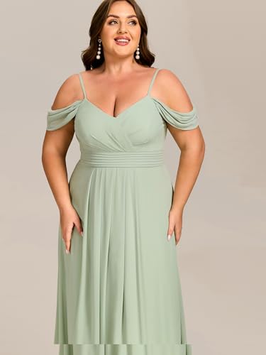 Image of Ever-Pretty Plus Women's V Neck A Line Off Shoulder Sleeveless Chiffon Pleated Floor Length Plus Size Bridesmaid Dresses