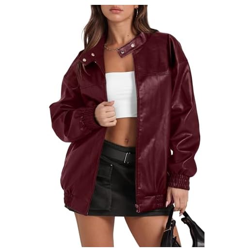 Sampeel Leather Jacket Women Faux Oversized Motorcycle Bomber Coats 2025 Fall Fashion Outfits Winter Clothes Trendy Cute Red S