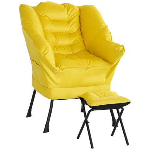 HOMCOM Sillón de Salón con Reposapiés Sillón de Relax Butaca para Dormitorio con Bolsillos Laterales y Patas de Acero para Sala de Estar Amarillo