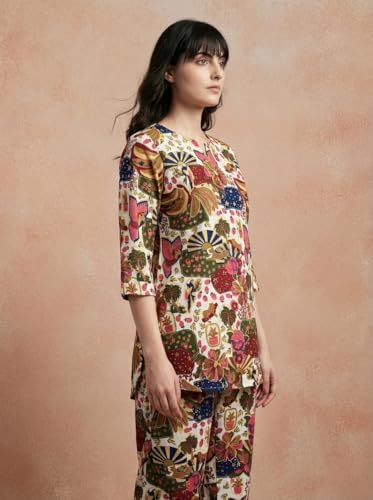 Image of Bee M Pee Designer Trendy Floral Printed Poly Rayon Cotton Kurta Coord Sets for Women | Stylish Casual Kurti Tunic Cord Set with Pant for Woman for Office