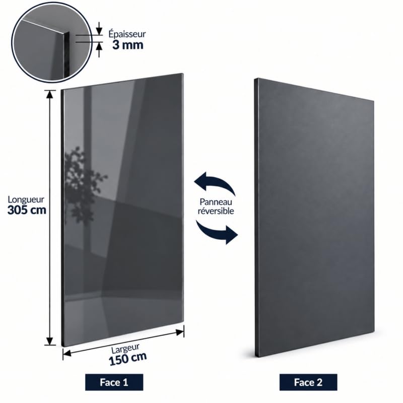 Crédence réversible en aluminium Brillant/mat - 3 mm - 3 formats Gris anthracite, ep.3 mm, l.150 cm, L.305 cm