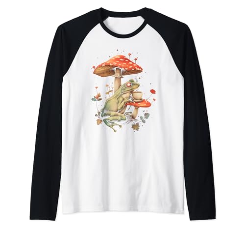 Cottagecore Aesthetic Frog, café, hongos, bruja, floral Camiseta Manga Raglan