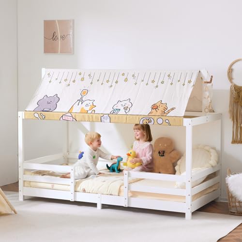 LEADZM Lit cabane Enfant 90x200cm avec baldaquin en Tissu, sommier à Lattes, barrières de sécurité Bois en pin Forme de Maison Lit au Sol Montessori pour...
