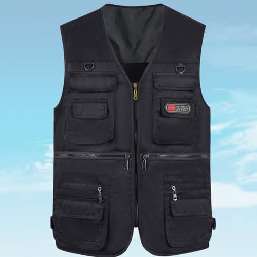 Angelwesten für Herren, leichte Weste mit Taschen, Outdoor-Weste, multifunktionale Baumwollweste, Sportweste, Reißverschlusstaschen, Wanderweste, durchgehender Reißverschluss, ärmellose Jacke, Schwarz