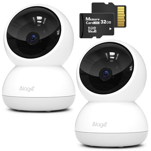 Alaga Security Indoor Cam 3K Pan and Tilt, cámara wifi interna, videovigilancia con AI para reconocimiento de personas animales, asistencia de voz, color blanco, 2 paquetes (incluye tarjeta de memoria