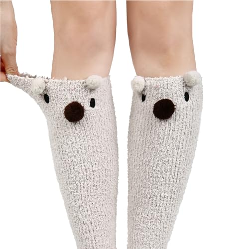 Image of Benefeet Sox Girls Cute Animal Fuzzy Knee High Socks Womens Funny Striped Cozy Winter Warm FluffyThigh High Socks Leg Warmers