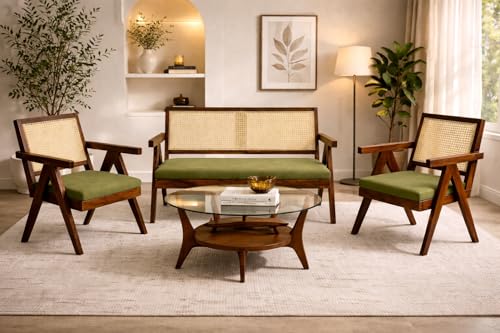 Image of Sainistree Furniture | Solid Sheesham Wood Rattan Armchair | Teak Brown Finish, Cane Back & Geen Upholstery | Mid-Century Modern Accent Chair for Living /Dining Room ((2+1+1) Bench and Chair Set)