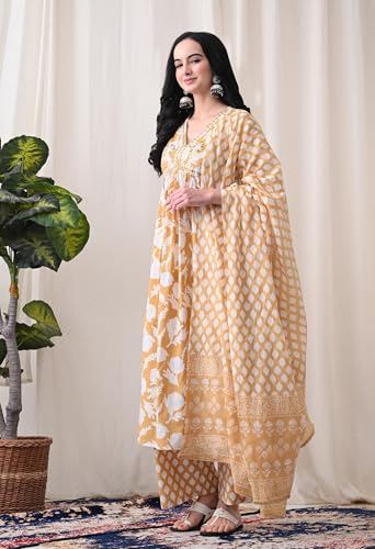 Image of MEERA FAB Alia Cut Kurta Palazzo and Dupatta Set,Pure Cotton, with Embroidery, Block Print