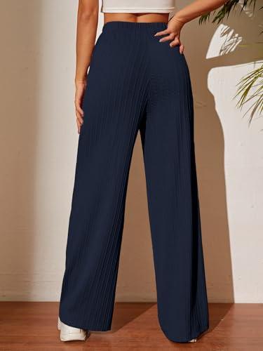 Image of TOPLOT Ribbed Knit Trousers for Woman | High Waist Wide Leg Palazzo Pants with Elastic Waist | Straight Relaxed Fit Casual, Office, Travel & Lounge Wear (5252)