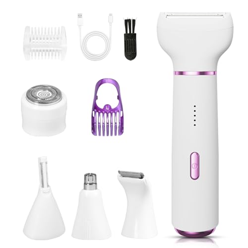Afeitadora Mujer 5 en 1, Rasuradora Mujer zona Intima, 2 Velocidades Removedor Vello Facial, Recortador Nariz & Cejas, Seco & Húmedo Depiladora para Bikini, Cara, Nariz/Orejas Recargable USB