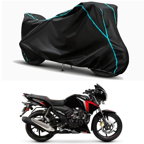 Image of Waterproof Bike Body Cover Compatible for | TVS Apache RTR 160 ABS | Taffeta Fabric, Sky Piping Design, Bottom Elastic Fit | Dustproof, Sun UV & Rain Protection for All Weather.