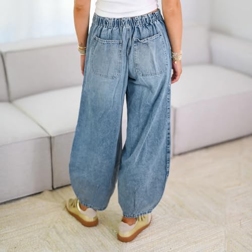 Women's Elastic Waist Tie Up Baggy Jeans Solid Mid Rise Wide Leg Denim Pants Loose 4 Pockets Boyfriend Trousers4