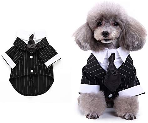 SOGAYU Dog Tuxedo Costume Formal Shirt, Dog Wedding Black Stripes Jacket Suit, Puppy Prince Ceremony Suit Tie Small Dog Cat Clothes