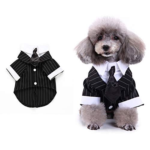 Sogayu Dog Tuxedo Costume Formal Shirt, Dog Wedding Black Stripes Jacket Suit, Puppy Prince Ceremony Suit Tie Small Dog Cat Clothes #TOP6