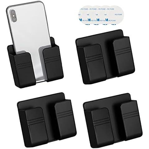 CIOUYAOS 4PCS Wall Mount Phone Holder with Adhesive, Charging Stand Holders with Data Cable Receiving Hole, Multipurpose Control Storage Box for Waterproof Shower, Bed, Bedside Shelf (Black) Cover