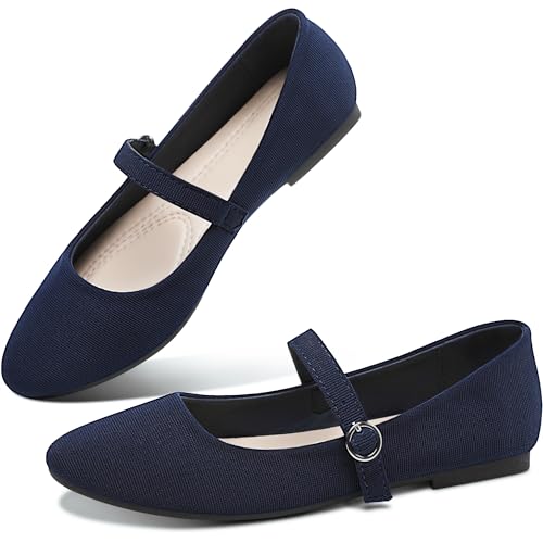 Image of Obtaom Mary Jane Flat Shoes Round Toe Ballet Flats for Women Dressy Fabric Business Flats Comfortable Classic Strap Flats for Office