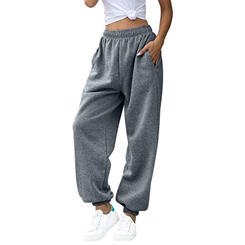 ASHER FASHION Women's Active High Waist Jogger Sweatpants Baggy Lounge Yoga Pants with Pockets Sporty Gray S