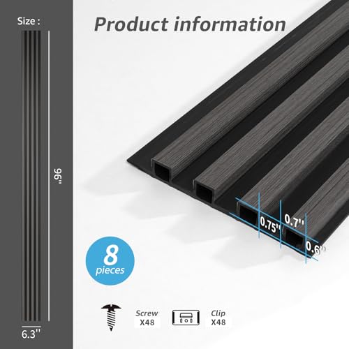 Image of Art3d 96 x 6 Inch 3D Fluted Wood Textured Slat Wall Panels, 8-Pack, Grey