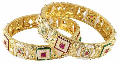 Image of NMII Gold Metal Bangles Rajwadi Style Kangan Set For Women & Girls With Zircon Diamond & Pearls | Traditional Girl's Bangles Bracelet | Kada For Women Trendy | Wedding, Party, Daily- Set Of 2