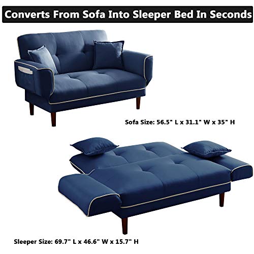 Convertible Futon Sofa Bed With 2 Pillows, Loveseat Sleeper Sofa Futon Couch, Recliner Couch With Adjustable Armrest And Wood Legs, Living Room Sofa With 5-Angle Backrest For Small Space (Navy Blue) #TOP3
