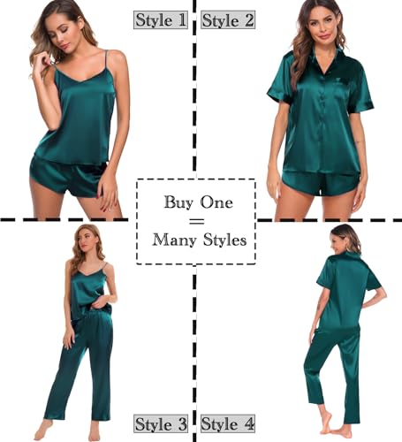 Image of SWOMOG Womens Silk Satin Pajamas Sets 4pcs Sleepwear Sexy Cami Shorts Set and Button Down Short Sleeve Pjs Loungewear