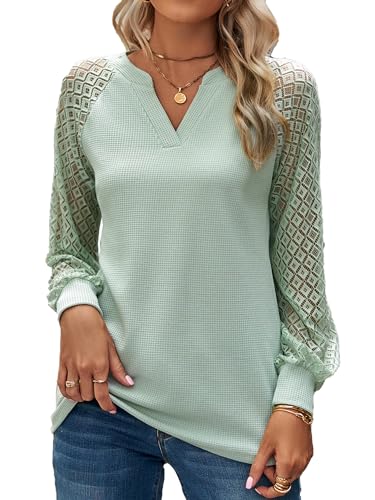 BAISHENGGT Baronin Tunika Damen V Ausschnitt T Shirt Raglan Spitzenärmel Bluse Shirts Lässige Elegante Streetwear Langarm Oberteil Tops Hellgrün XL