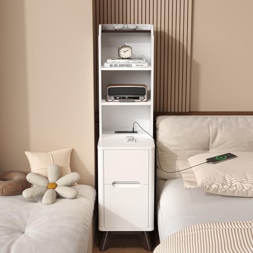 Tall Nightstand with Charging Station and Shelves