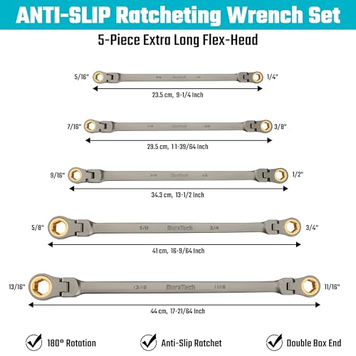 Image of DURATECH Extra Long Anti-Slip Flex-Head Ratcheting Wrench Set, 5-Piece, SAE