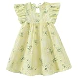 Picture of Goodplayer Toddler Baby Girl Dress Summer Cotton Linen Ruffle Halter Sleeveless Kids Casual Beach Party Dresses (Yellow Floral Dress,4-5T)