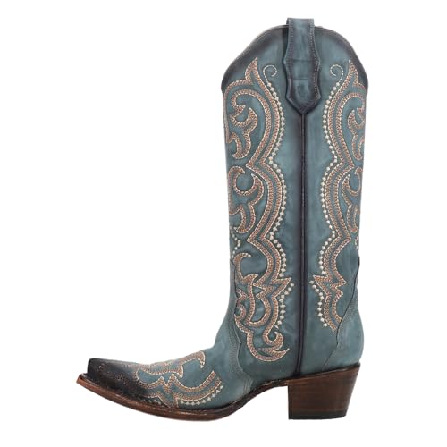 Corral Boots Womens Blue Jean Embroidered Snip Toe Casual Boots Mid Calf Mid Heel 2-3" - Blue3
