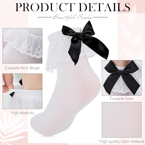 3 Pairs Women's White Lace Ruffles Bobby Frilly Socks with Black Bow, White Ruffled Anklet Socks Women with Bows for Skirts4