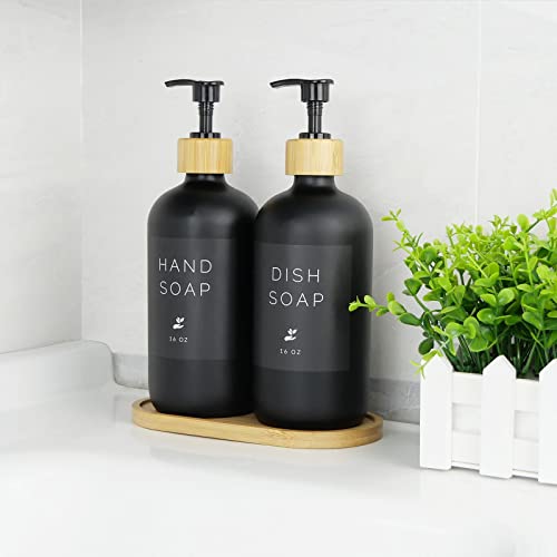 Dish And Hand Soap Dispenser Set With Bamboo Pumps And Tray,2 Pack 16 Oz Glass Soap Dispensers For Bathroom, Kitchen, Shampoo Lotion Conditioner Jar Bottles With 16 Pcs Waterproof Labels(Black) #TOP4