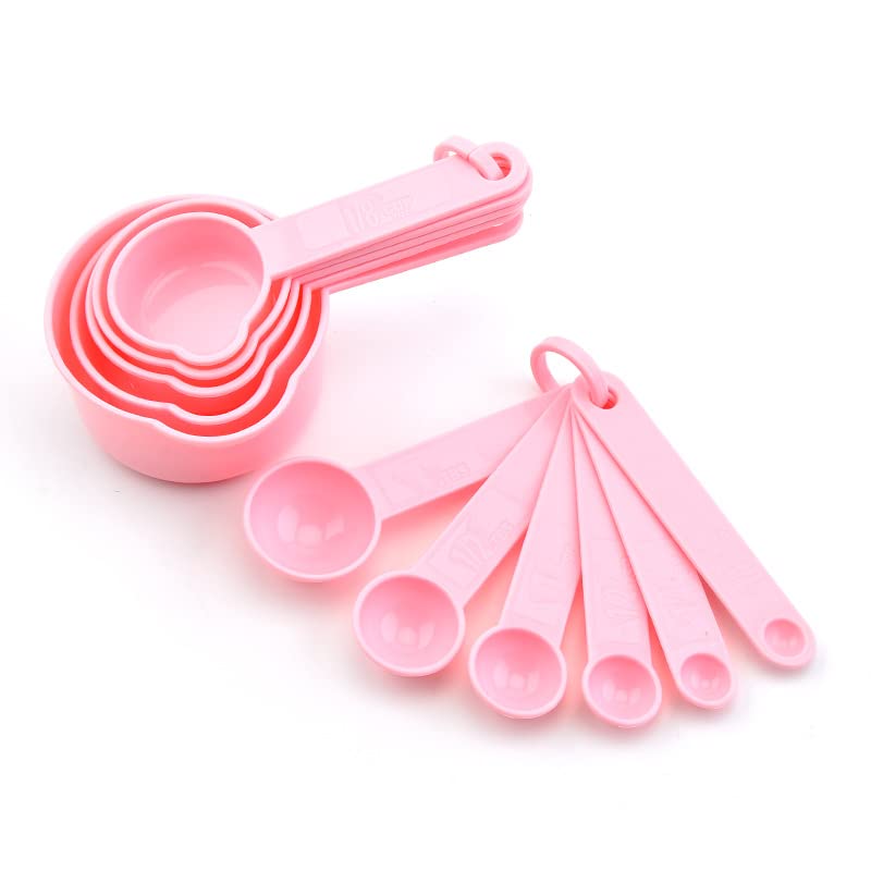 Set de 11 vasos y cucharas medidoras de plástico rosa miniatura 1